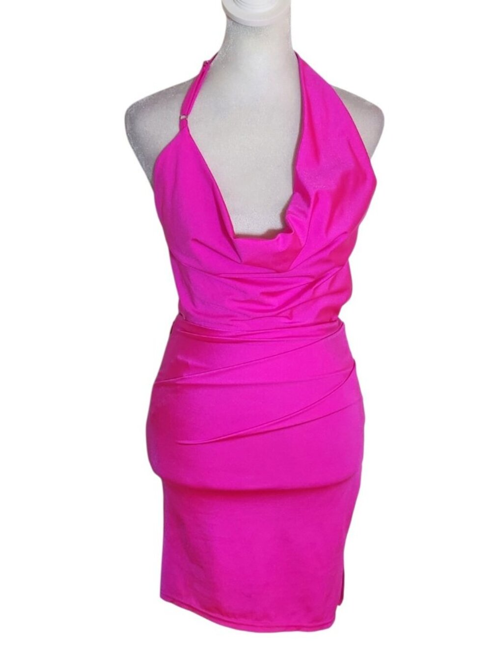 Fashion Nova Hot Pink Satin Bodycon Cowl Neck Party Dress NWT Size XS Flaw